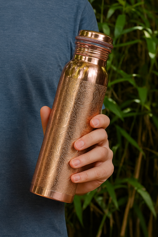 Engraved Pure Copper Water Bottle-Leak proof Unique Design Yoga Bottle-Ayurvedic copper bottle 950m