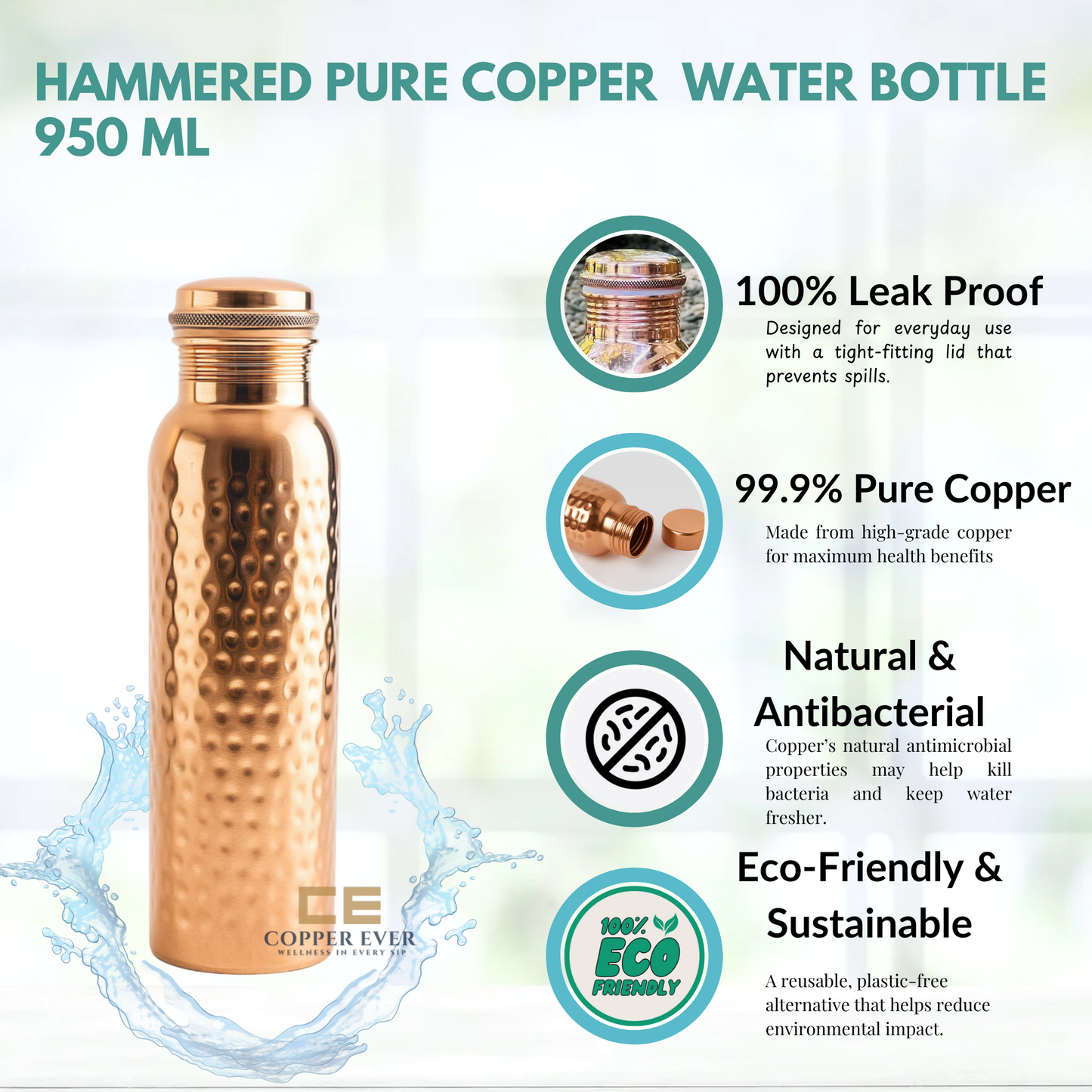 Hammered Pure Copper Water Bottle–Ayurvedic water bottle 950 ml